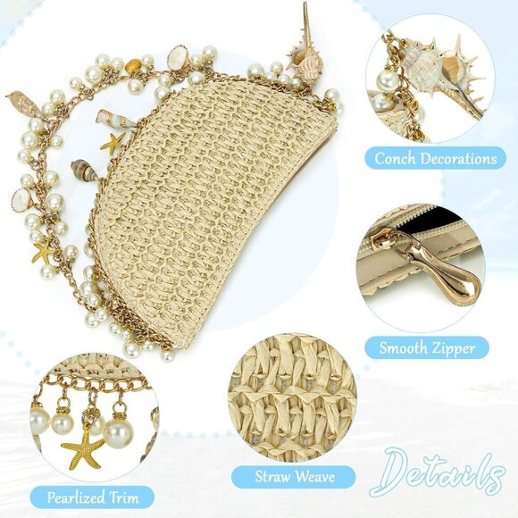 Straw Beach Clutch Purse Pearl Shell Decor Summer Wedding Vacation Bag main image 6